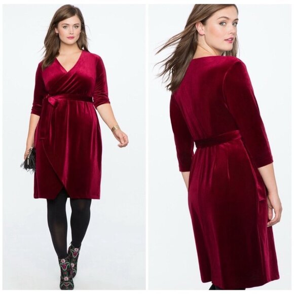 NEW! Eloquii Velvet Velour Wrap Dress Stretch Wine Burgundy SZ 16 - Picture 1 of 15